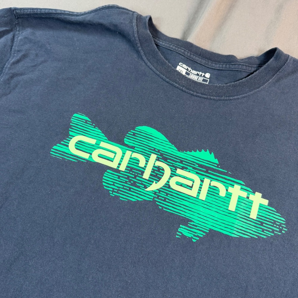 Carhartt Mens 2XL Loose Fit Bass Fish Graphic T-Shirt Navy Blue TK5717-M 105717